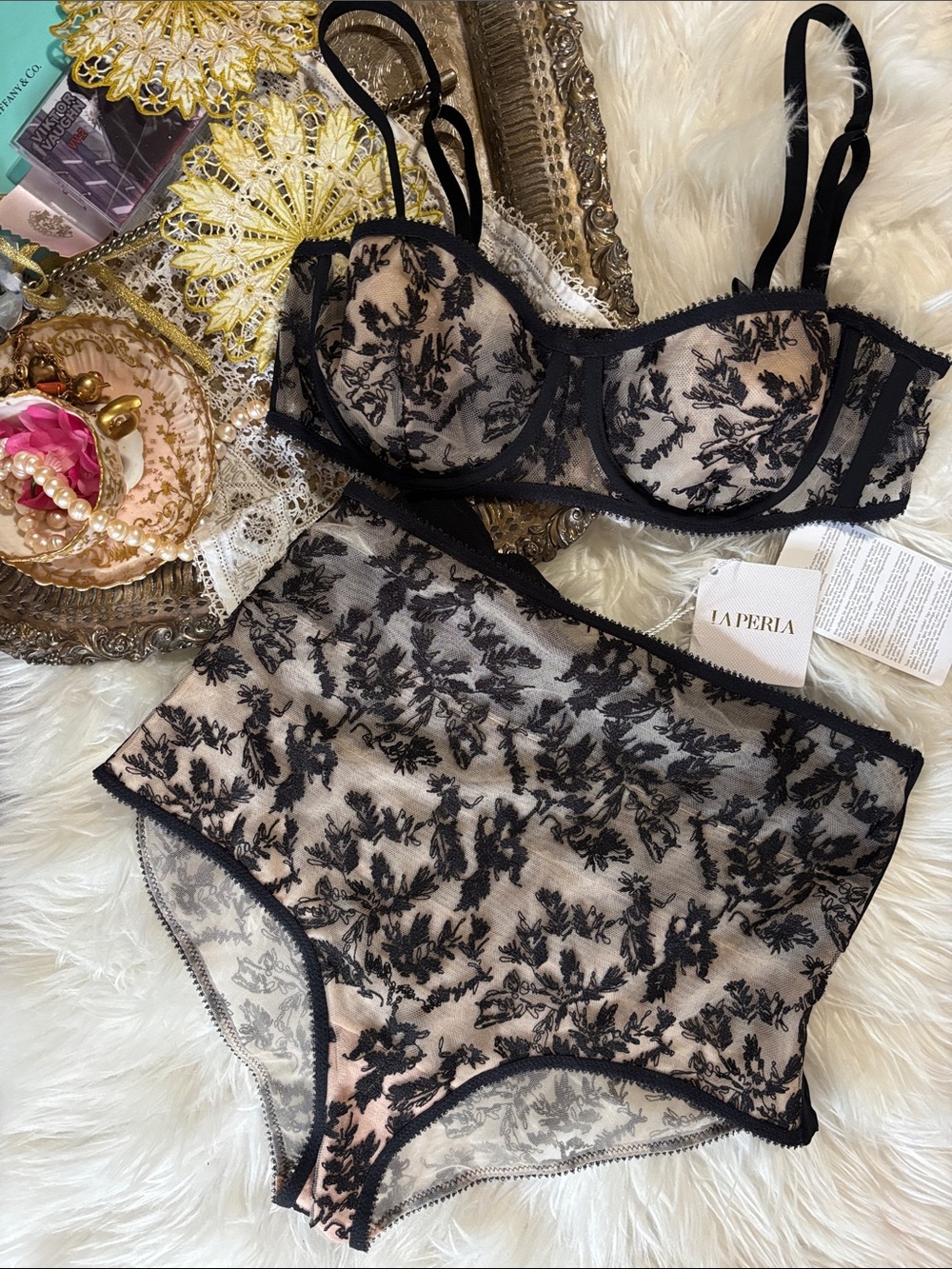 New La Perla Black Embroidered Lace Bra High Waist Brief Set 36C Silk Sexy Short
